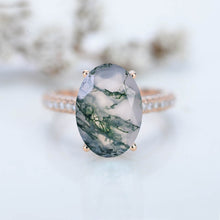 Load image into Gallery viewer, 8 Carat Oval Cut 14x10mm Genuine Moss Agate Hidden Halo Rose Gold Engagement Ring
