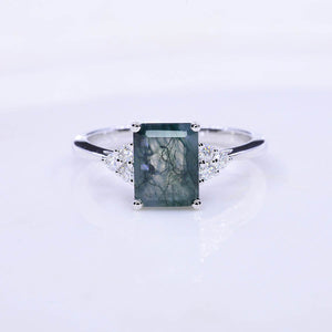 3Ct Emerald Shape Step Cut Moss Agate Gold Engagement Ring