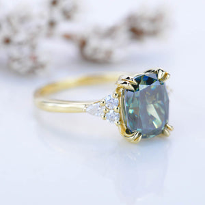 2.5Ct Cushion Green Moissanite Vintage Engagement Ring, Cushion Moissanite Engagement Ring, Marquise Side Accents Stones 14K Rose Gold Ring
