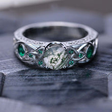 Load image into Gallery viewer, Genuine Moss Agate Celtic Engagement Ring 14K White Gold

