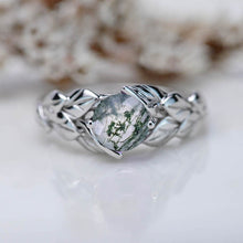 Load image into Gallery viewer, Genuine Moss Agate Floral Leaf Design 14K White Gold Engagement Ring
