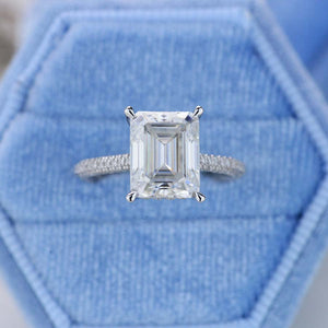 5 Carat Giliarto Emerald Cut Moissanite Hidden Halo Engagement White Gold Ring