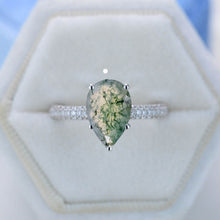 Load image into Gallery viewer, 3 Carat Pear Cut Genuine Moss Agate Hidden Halo Gold Engagement Ring

