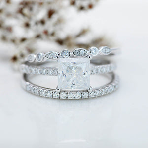 14K White Gold 2 Carat Princess Cut Moissanite Engagement Ring Eternity Ring Set