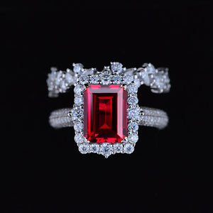 3Ct Ruby Engagement Ring Halo Emerald Cut Ruby Engagement Ring, 9x7mm Step Cut Ruby Engagement Ring with Eternity Band