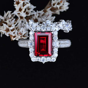 3Ct Ruby Engagement Ring Halo Emerald Cut Ruby Engagement Ring, 9x7mm Step Cut Ruby Engagement Ring with Eternity Band