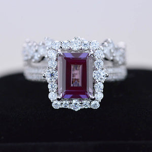 3Ct Alexandrite Engagement Ring Halo Emerald Cut Alexandrite Engagement Ring, 9x7mm Step Cut Alexandrite Engagement Ring with Eternity Band