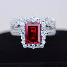 Load image into Gallery viewer, 3Ct Ruby Engagement Ring Halo Emerald Cut Ruby Engagement Ring, 9x7mm Step Cut Ruby Engagement Ring with Eternity Band
