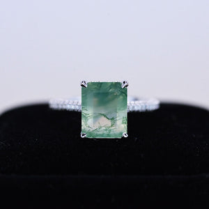 5ct Emerald Shaped Step Cut Genuine Moss Agate Ring, 5 Carat Moss Agate Engagement Ring, Genuine Moss Agate Pave Accent Stones Hidden Halo Ring