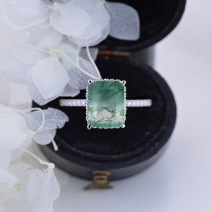 4 Carat Radiant Cut Genuine Moss Agate Double Hidden Halo Engagement Ring