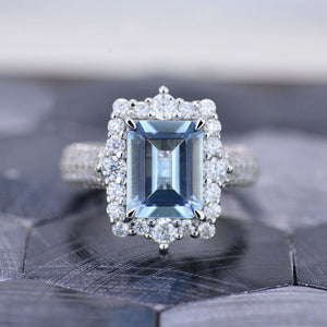 3Ct Genuine Aquamarine Engagement Ring Halo Emerald Step Cut Aquamarine Engagement Ring