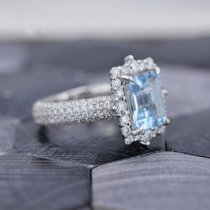 3Ct Genuine Aquamarine Engagement Ring Halo Emerald Step Cut Aquamarine Engagement Ring