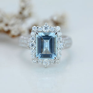 3Ct Genuine Aquamarine Engagement Ring Halo Emerald Step Cut Aquamarine Engagement Ring