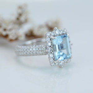 3Ct Genuine Aquamarine Engagement Ring Halo Emerald Step Cut Aquamarine Engagement Ring