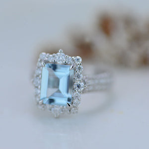 3Ct Genuine Aquamarine Engagement Ring Halo Emerald Step Cut Aquamarine Engagement Ring