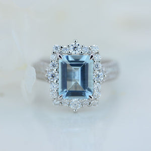 3Ct Genuine Aquamarine Engagement Ring Halo Emerald Step Cut Aquamarine Engagement Ring