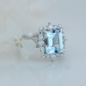 3Ct Genuine Aquamarine Engagement Ring Halo Emerald Step Cut Aquamarine Engagement Ring