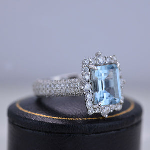 3Ct Genuine Aquamarine Engagement Ring Halo Emerald Step Cut Aquamarine Engagement Ring