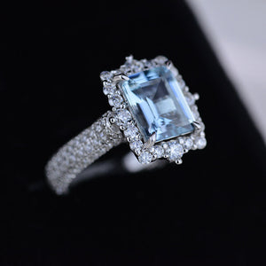 3Ct Genuine Aquamarine Engagement Ring Halo Emerald Step Cut Aquamarine Engagement Ring