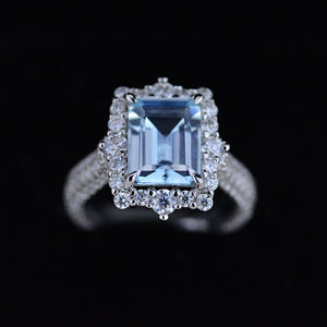 4Ct Genuine Aquamarine Engagement Ring Halo Emerald Step Cut Aquamarine Engagement Ring