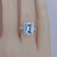 Load image into Gallery viewer, 3Ct Genuine Aquamarine Engagement Ring Halo Emerald Step Cut Aquamarine Engagement Ring
