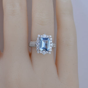 3Ct Genuine Aquamarine Engagement Ring Halo Emerald Step Cut Aquamarine Engagement Ring