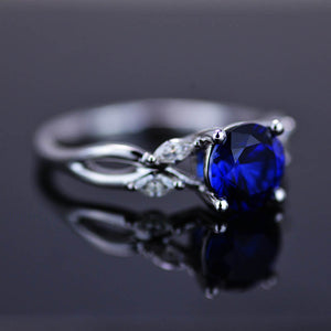 2Ct Round Sapphire Vintage Engagement Ring, Royal Blue Sapphire Engagement Ring, Marquise Side Accents Stones 14K White Gold Ring