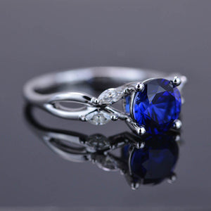 2Ct Round Sapphire Vintage Engagement Ring, Royal Blue Sapphire Engagement Ring, Marquise Side Accents Stones 14K White Gold Ring