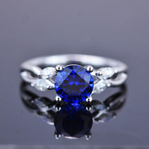 2Ct Round Sapphire Vintage Engagement Ring, Royal Blue Sapphire Engagement Ring, Marquise Side Accents Stones 14K White Gold Ring