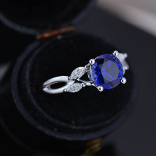 Load image into Gallery viewer, 2Ct Round Sapphire Vintage Engagement Ring, Royal Blue Sapphire Engagement Ring, Marquise Side Accents Stones 14K White Gold Ring
