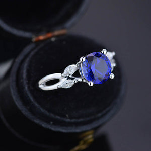 2Ct Round Sapphire Vintage Engagement Ring, Royal Blue Sapphire Engagement Ring, Marquise Side Accents Stones 14K White Gold Ring