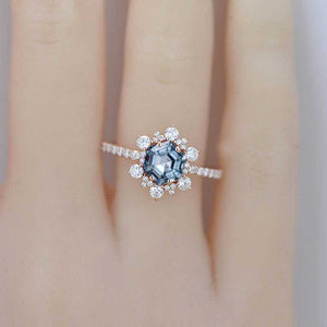 3 Carat Hexagon Genuine Natural Aquamarine Snowflake Halo Engagement Ring. Victorian 14K Rose Gold Ring