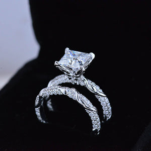 2 Carat Princess Cut Giliarto Moissanite Diamond White Gold Floral Engagement Ring Set