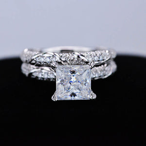 2 Carat Princess Cut Giliarto Moissanite Diamond White Gold Floral Engagement Ring Set