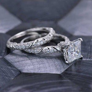 2 Carat Princess Cut Giliarto Moissanite Diamond White Gold Floral Engagement Ring Set