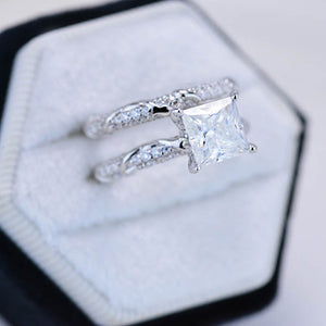 2 Carat Princess Cut Giliarto Moissanite Diamond White Gold Floral Engagement Ring Set