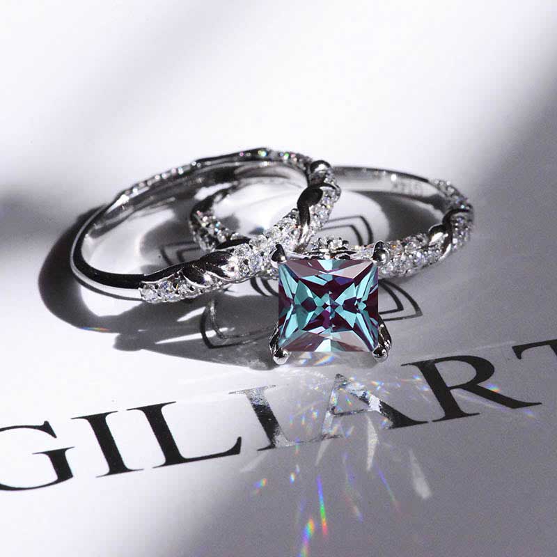 Carat Princess Cut Alexandrite White Gold Floral Engagement Ring Set