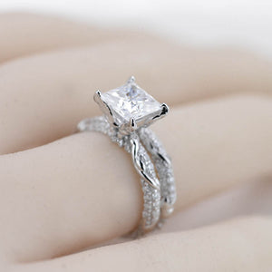 2 Carat Princess Cut Giliarto Moissanite Diamond White Gold Floral Engagement Ring Set