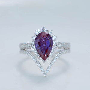 14K White Gold 3 Carat Pear Alexandrite  Halo Engagement Ring