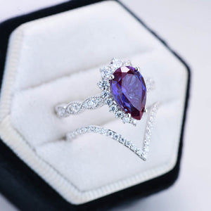 14K White Gold 3 Carat Pear Alexandrite  Halo Engagement Ring