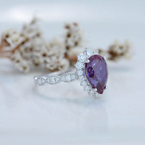 14K White Gold 3 Carat Pear Alexandrite  Halo Engagement Ring