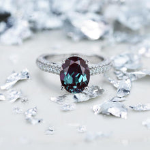 Load image into Gallery viewer, 5 Carat Oval Alexandrite Hidden Halo Gold Engagement Ring
