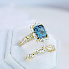 Load image into Gallery viewer, 3 Carat Halo Emerald Cut Teal Sapphire 14K White Gold Engagement Ring Set.
