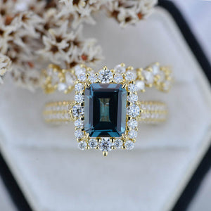 3 Carat Halo Emerald Cut Teal Sapphire 14K White Gold Engagement Ring Set.