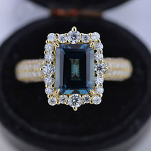 Load image into Gallery viewer, 3 Carat Halo Emerald Cut Teal Sapphire 14K White Gold Engagement Ring Set.
