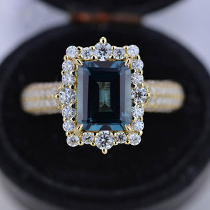 3 Carat Halo Emerald Cut Teal Sapphire 14K White Gold Engagement Ring Set.