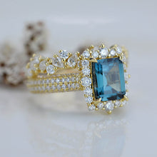 Load image into Gallery viewer, 3 Carat Halo Emerald Cut Teal Sapphire 14K White Gold Engagement Ring Set.
