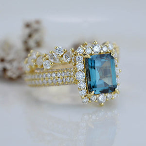 3 Carat Halo Emerald Cut Teal Sapphire 14K White Gold Engagement Ring Set.