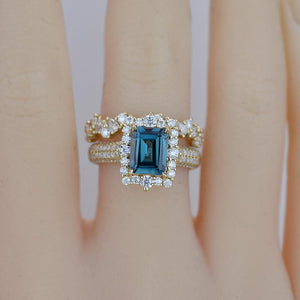 3 Carat Halo Emerald Cut Teal Sapphire 14K White Gold Engagement Ring Set.