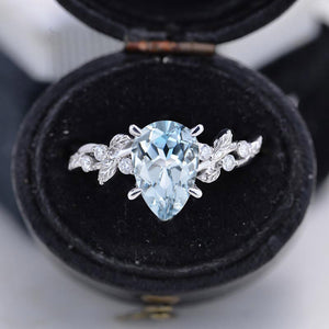 3 Carat Cut Genuine Aquamarine Floral Gold Engagement Ring